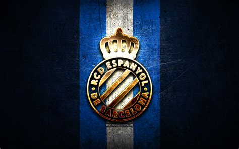 Download wallpapers RCD Espanyol, golden logo, La Liga, blue metal ...