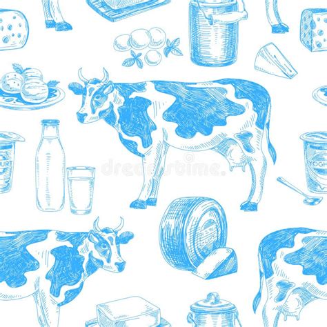 Beautiful Vector Hand Drawn Dairy Products Seamless Pattern Stock