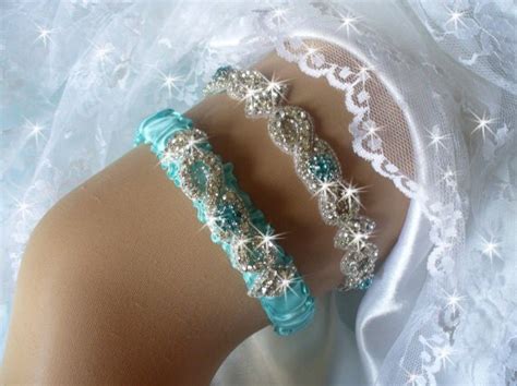 Aqua Blue Wedding Garter Set With Rhinestones Bridal Garter