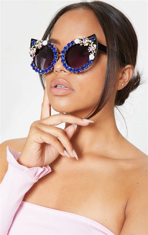 Blue Gemstone Embellished Cat Eye Sunglasses Prettylittlething Ca