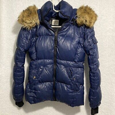 S13 Womens Kylie Down Puffer Jacket With Faux Fur Trimmed Hood Navy Xs