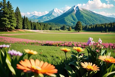 Premium AI Image | A field of flowers with a mountain in the background