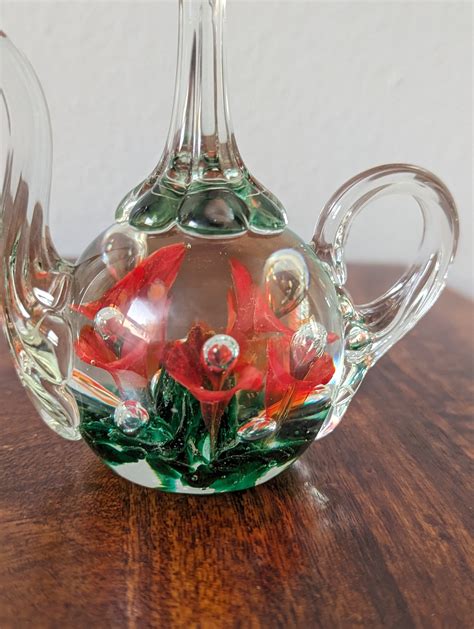 Joe St Clair Art Glass Floral Trumpet Teapot Ring Holder Paperweight Etsy