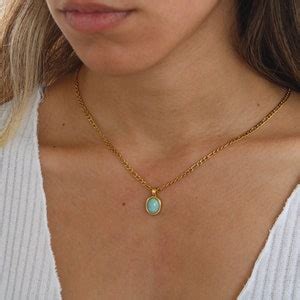 Real Turquoise Oval Charm Necklace Gold Retro Layering Gemstone Vintage