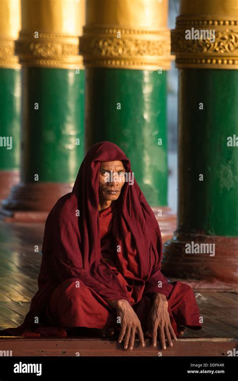 Monk Praying In The Shwedagon Pagoda Or Shwedagon Zedi Daw Yangon