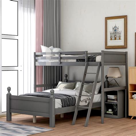 Euroco Wood Bunk Bed Twin Over Full Loft Bed With Storage Cabinet Grey