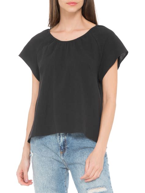 Blusa Manga Curta R Stico Cant O Preto Oqvestir