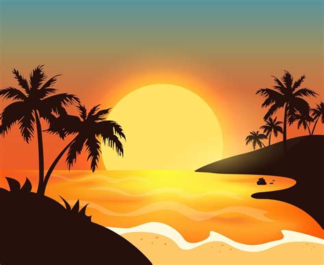 Sunset Over The Ocean Palm Trees In The Shade Vacation By The Seavector 22175557 Vector Art