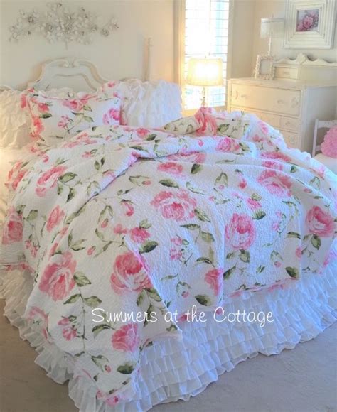 Shabby Pink Tiffany Peony Roses Cottage Chic Quilt Set Queen Or King