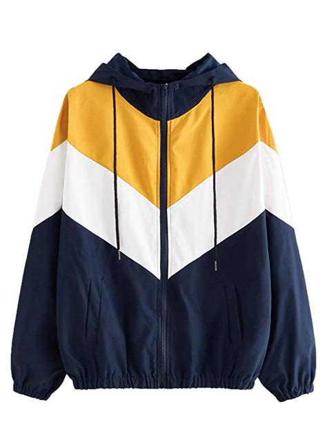 Sweatyrocks Women S Casual Color Block Drawstring Hooded Windbreaker Jacket