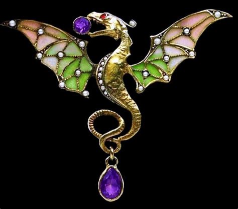 Art Nouveau Dragon Brooch Enamelled And Set With Pearls And Amethysts