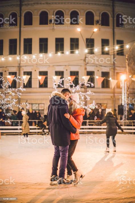 Beautiful Couple Have Fun In Ice Arena Active Date Ice Skating On Ice