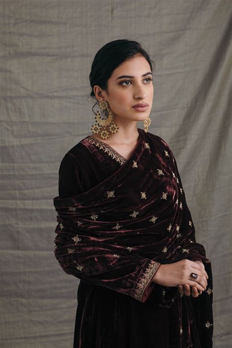 Wine Silk Velvet Embroidered Dupatta Sureena Chowdhri Velvet Kurta