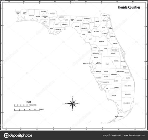 Florida State Outline Administrative Political Map Black White Stock