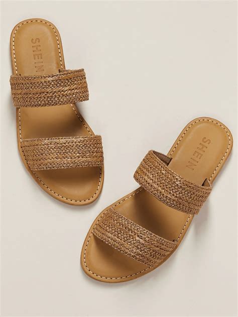 Twin Woven Straw Bands Flat Slide Sandals