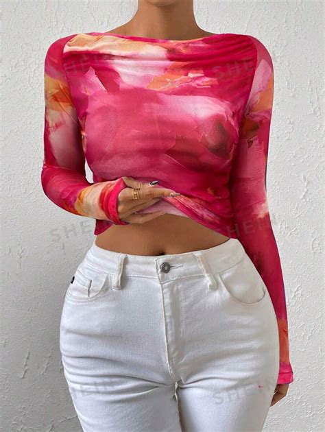 Shein Bae Tie Dye Ruched Mesh Top Shein Usa