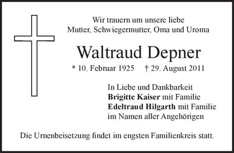 Traueranzeigen Von Waltraud Depner Trauer Merkur De