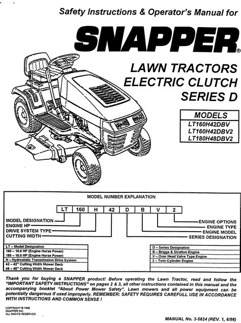 Snapper Lt160h42dbv User Manual Tractor Manuals And Guides L0807646