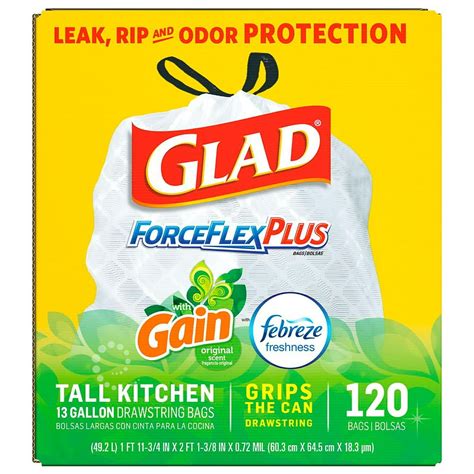 Glad® Tall Kitchen Drawstring Trash Bags – ForceFlexPlus™ 13 Gallon White Trash Bag, Gain ...