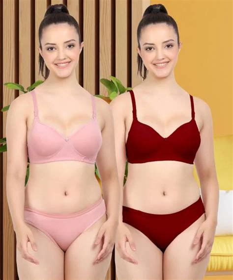 Buy PIBU Trendy Style Pink Maroon Bra Panty Set For Women Lingerie Set Pack Of 2 Online At Best