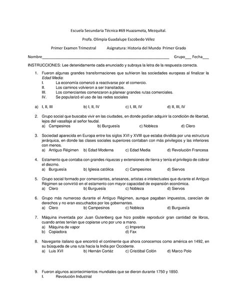 Examen Trimestral 1 Historia primer grado Escuela Secundaria TÈcnica