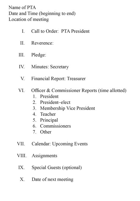 Pta Board Meeting Agenda Template