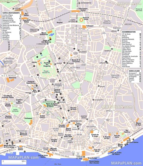 Lisbon map - Historic downtown centre highlights, hotels (Lapa Palace, Ritz Four Seasons), bars ...