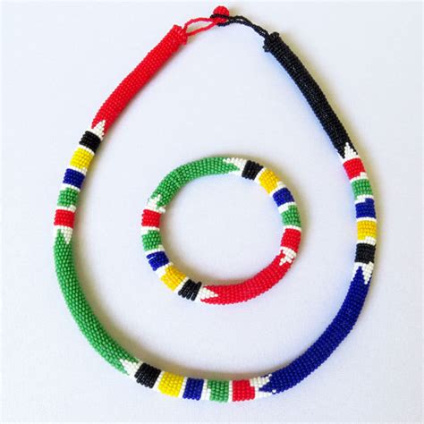 African Zulu beaded necklace and round bracelet set - South African Flag - Gone Rural