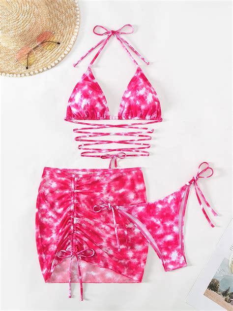 Tie Dye Halter Triangle Bikini Swimsuit With Beach Skirt Shein Uk