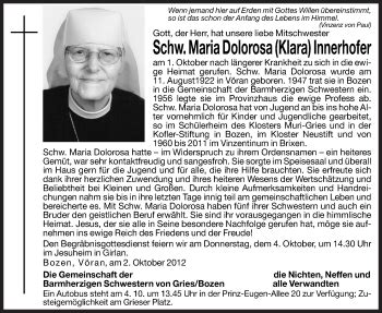 Traueranzeigen Von Maria Dolorosa Innerhofer Trauer Bz