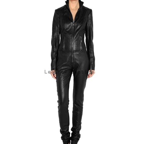 Rider Style Women Zippered Long Sleeves Leather Jumpsuit Leatherexotica