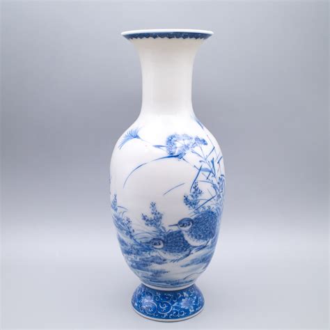 Fine Antique Japanese Blue And White Seto Porcelain Vase With Quails