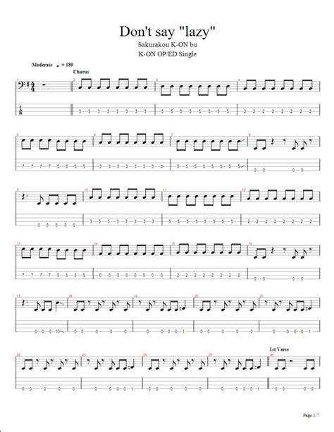 K On Ed Don T Say Lazy Bass Tabs Page 1 By Blackflybird On Deviantart