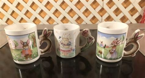 Set Of 3 Easter Bunny Vintage Peter Rabbit Coffee Mugs With Bunny