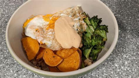 Honey Miso Broccoli And Sweet Potato Donburi Very Good Though Shipping Eggs Is A Bad Idea R