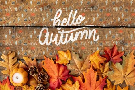 Free PSD Colourful Hello Autumn Text With Leaves