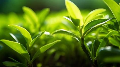 Beautiful Green Tea Leaves With Sunlight Close Generative Ai Stock