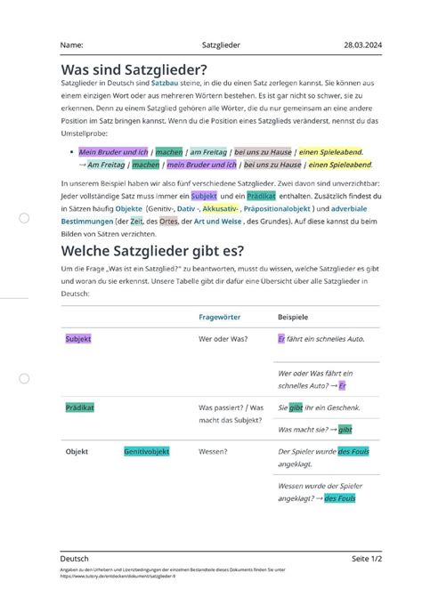 Arbeitsblatt Satzglieder Deutsch Tutory De