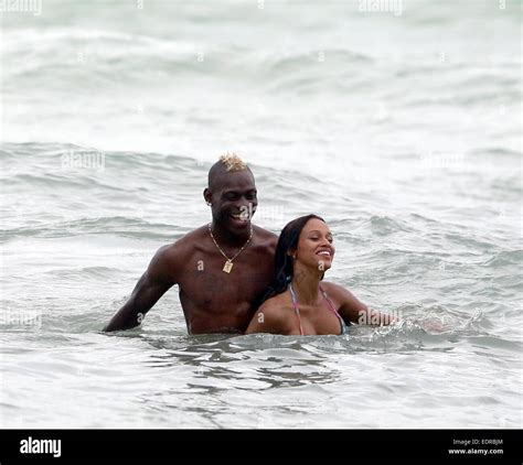 Mario Balotelli And Fiancee Fanny Neguesha Enjoy The Day On Miami Beach During Their Holiday To