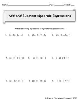 Add And Subtract Algebraic Expressions Worksheet Tpt