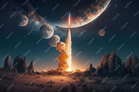 Premium AI Image | Rocket launch with stunning view of the moon in the ...