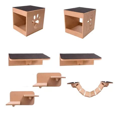 Kit Play Nicho Gatos 7 Pcs Toca Escada Ponte Prateleira Mdf