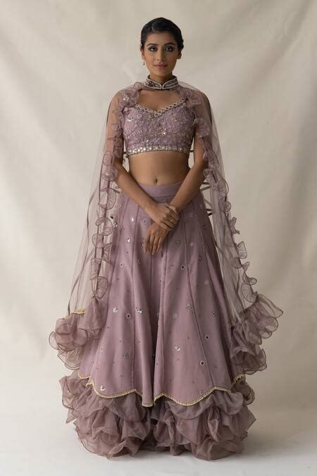 Buy Pink Embroidered Mirror Leaf Neck Ruffle Lehenga Set With Shrug For