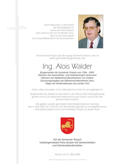 Todesanzeige Alois Gemeinde Ing Walder Trauer Link