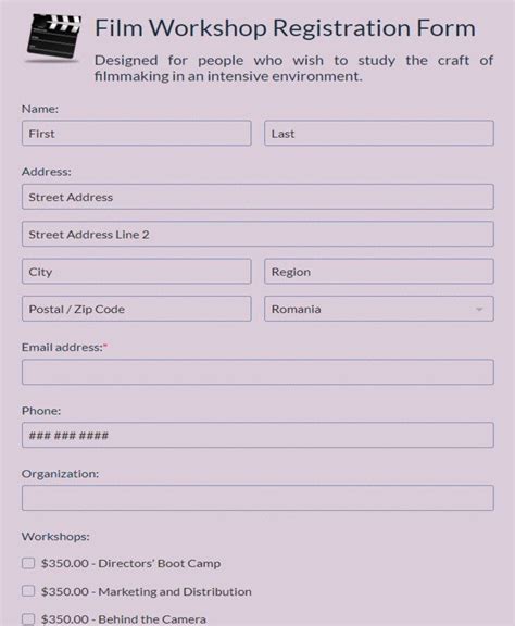 Free Film Workshop Registration Form Template 123FormBuilder