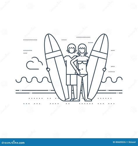 Man And Woman On The Beach With Surf Boards Standing Together Stock