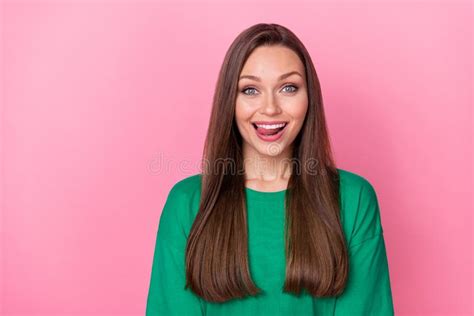 Portrait Of Positive Adorable Gorgeous Woman Straight Hairdo Dressed