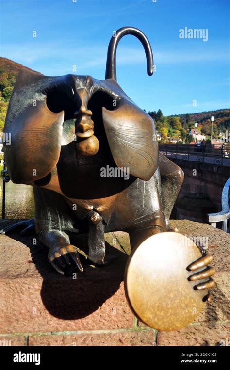 Heidelberg Bridge Monkey bronze statue on Karl Theodor Bridge or Old Bridge of Heidelberg cross ...