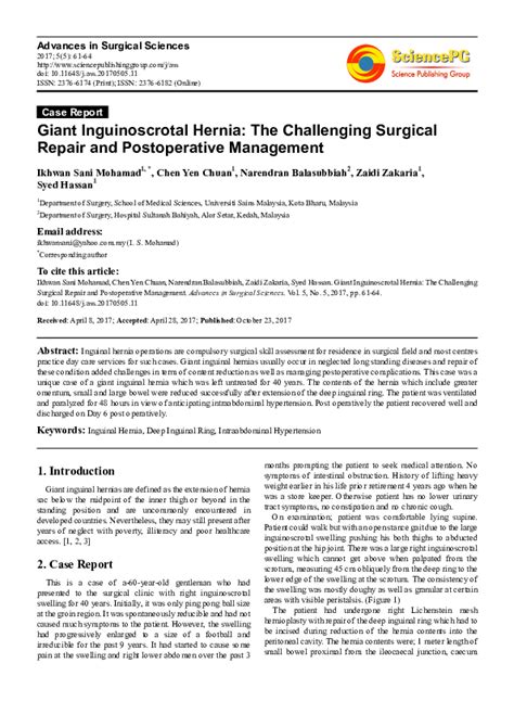 Pdf Giant Inguinoscrotal Hernia The Challenging Surgical Repair And