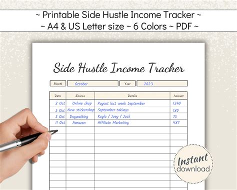 Printable Side Hustle Income Tracker Paycheck Planner Income Etsy